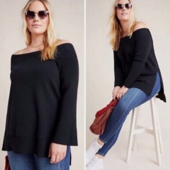 Anthropologie | Off-the-Shoulder Black Knit Top - Picture 1 of 8